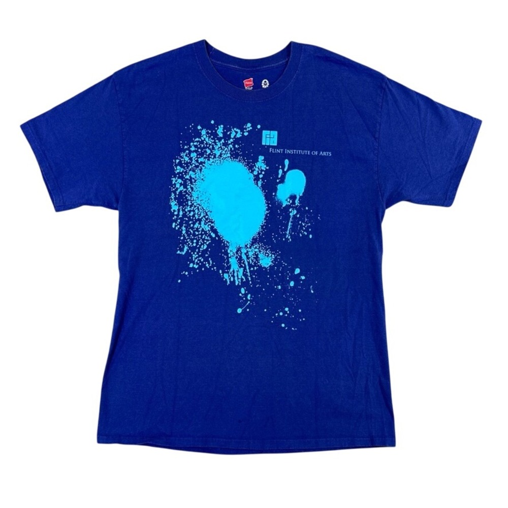 Hanes Flint Institute of Arts T-Shirt Mens Large Blue Paint Splatter Graphic Tee